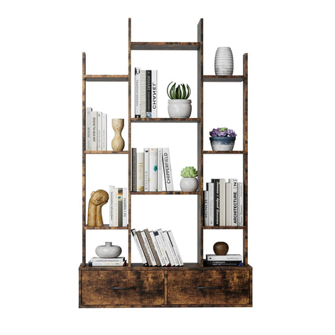 Vintage Industrial Freestanding Bookcase With 12 Shelves And 2 Drawers In Rustic Brown Finish showcasing books and decor.