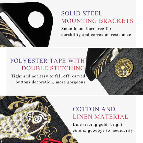 Sick JDM Koi Fish Racing Tow Strap, heavy gauge nylon strap with solid steel mounting brackets and polyester tape.