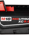 M18 RedLithium 5.0Ah Battery Pack With Fuel Gauge And RedLink Intelligence, side view showing capacity and branding details