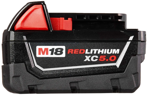 M18 RedLithium 5.0Ah Battery Pack With Fuel Gauge And RedLink Intelligence, side view showing capacity and branding details