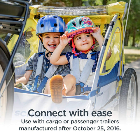 Children in a bike trailer attached with Universal Angled Bike Trailer Coupler Attachment For A Wide Range Of Bicycle Sizes
