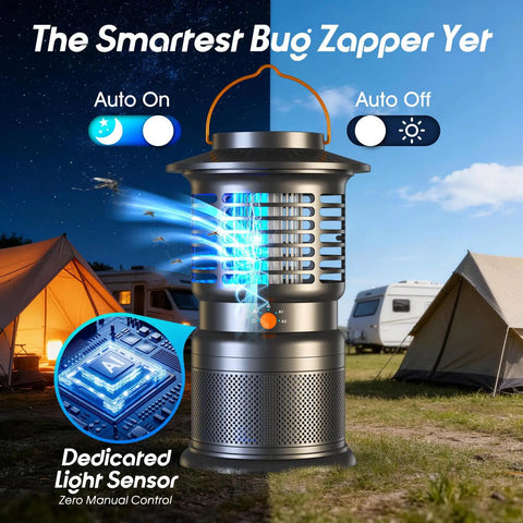 Outdoor 2-In-1 Mosquito Zapper With Zap And Trap, 8000mAh Cordless Rechargeable, shown in camping setting at dusk