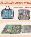 Double Sided 56 Slot Car Storage Case With Foldable Play Mat For 1 64 Scale Diecast Cars Like Hot Wheels And Matchbox Portable Organizer Carry Bag For Display And Travel Ready Use showing car slots and play mat