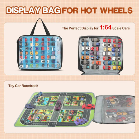 Double Sided 56 Slot Car Storage Case With Foldable Play Mat For 1 64 Scale Diecast Cars Like Hot Wheels And Matchbox Portable Organizer Carry Bag For Display And Travel Ready Use showing car slots and play mat