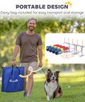 All In One Dog Agility Training Set 12 Piece Obstacle Course With Adjustable Hurdle And Ring Four Tunnels carried in blue bag