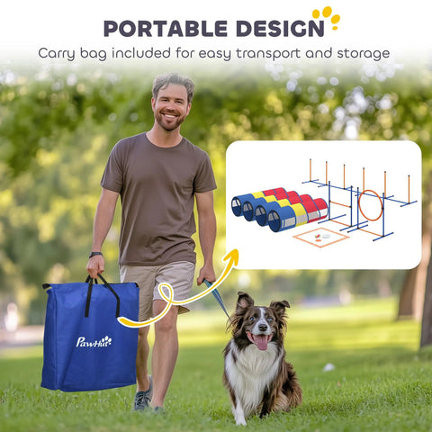 All In One Dog Agility Training Set 12 Piece Obstacle Course With Adjustable Hurdle And Ring Four Tunnels carried in blue bag