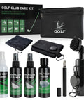 8 In 1 Golf Club Care Kit For Shine And Rust Removal With Cleaner, Brush, Groove Sharpener, Grip Cleaner, Polish, Magnetic Towel, Ball Towel, And Portable Bag Built For Pro Grade Club Cleaning. 8-piece kit shown with bottles and case
