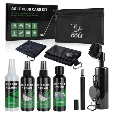 8 In 1 Golf Club Care Kit For Shine And Rust Removal With Cleaner, Brush, Groove Sharpener, Grip Cleaner, Polish, Magnetic Towel, Ball Towel, And Portable Bag Built For Pro Grade Club Cleaning. 8-piece kit shown with bottles and case