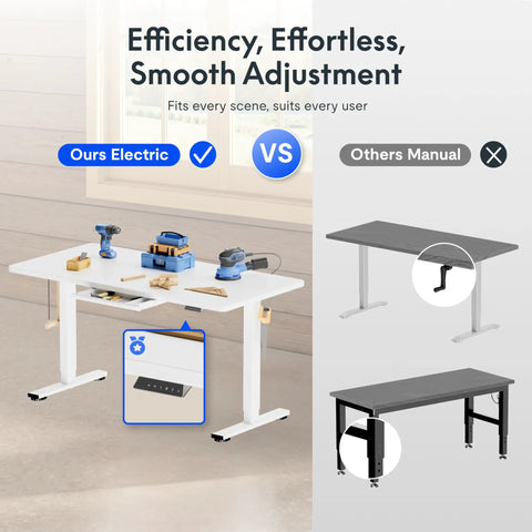 Electric Adjustable Workbench With 55 By 28 Inch Desk And Smooth Height Adjustment shown with tools and height presets