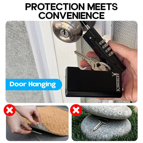 Weather Resistant Hanging Key Safe Lock Box For Realtors Real Estate Pros And Vacation Rentals Resettable Combination Secure Key Storage Portable Box For House Keys being used on a door handle, highlighting secure storage.