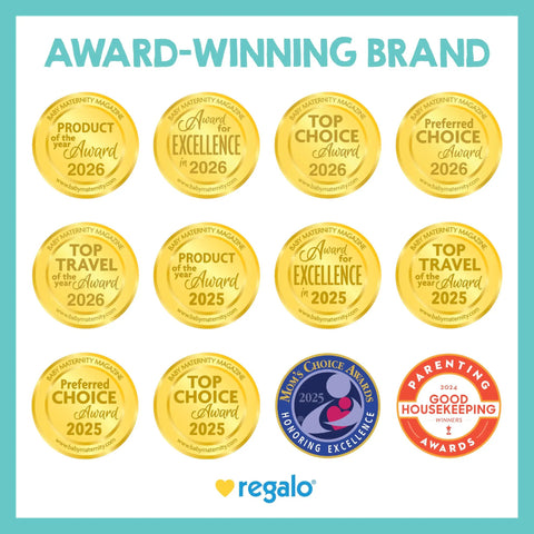 Award-winning brand badges showcasing Regalo's 2026 and 2025 excellence in various categories, underscoring trusted quality.