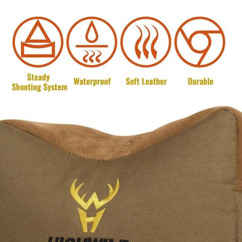 Close-up of Range Ready Front And Rear Shooting Rest Bags Set Unfilled 900D Oxford Sandbags showing water droplets on khaki material