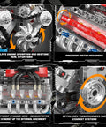 Close-up of Mini V8 Engine Model Kit That Actually Runs, showing fan, pistons, and transparent cylinder head parts.