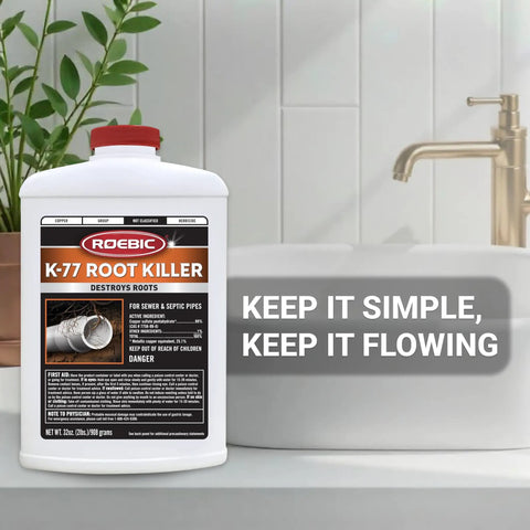 Granular Root Killer For Sewer Lines And Septic Systems, Fast Acting Copper Formula, 32 oz bottle on bathroom counter