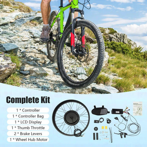 Powerful 1500W Front Wheel Hub Motor Conversion Kit For 26 By 4 Inch E Bikes with components shown on rocky path