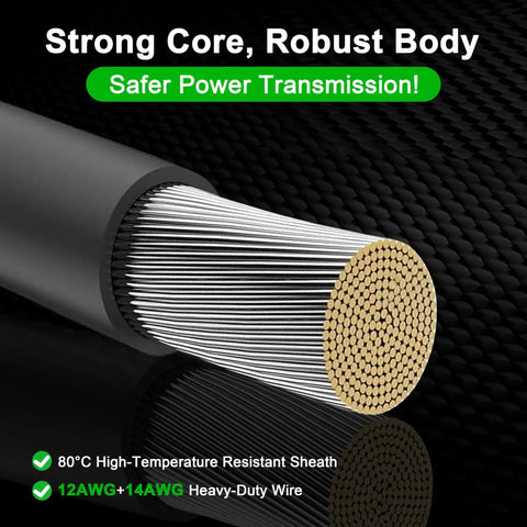 Five Meter Solar Extension Cable 16Ft With DC7909 Connector, showing wire cross-section with 12AWG+14AWG heavy-duty wires.
