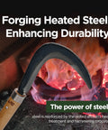 Image of Josun Sickle Hand Forged Weeding And Brush Clearing Tool With Razor Sharp Blade And Chestnut Wood Handle in front of a forge.