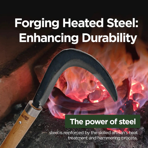 Image of Josun Sickle Hand Forged Weeding And Brush Clearing Tool With Razor Sharp Blade And Chestnut Wood Handle in front of a forge.