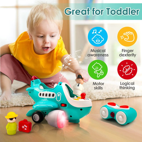 Toddler playing with Cool Remote Control Airplane Toy For Toddlers With Lights And Sounds Two Play Modes Safe Design For Little Ones