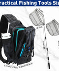 256 Piece All-In-One Fishing Tackle Set Backpack Kit With Retractable Landing Net in Black Camouflage, displayed sizes