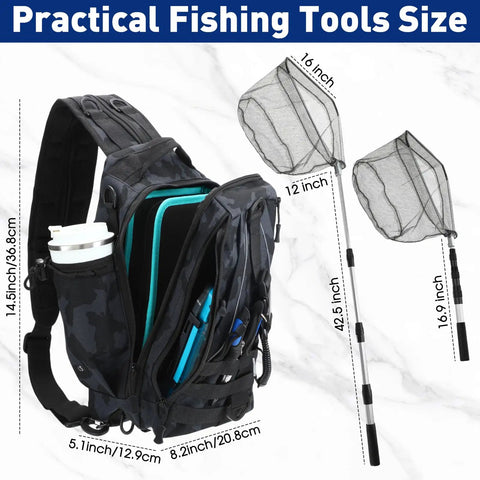 256 Piece All-In-One Fishing Tackle Set Backpack Kit With Retractable Landing Net in Black Camouflage, displayed sizes