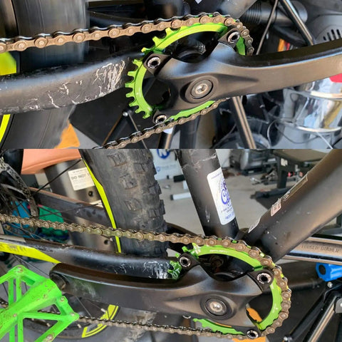 Close-up of 104 BCD Mountain Bike Chainring 34T Green, Four Bolt Alloy MTB Round, fitted on a bike, tough for 9-11 speed shifting.