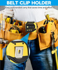 4 In 1 Laser Tape Measure All In One With 131Ft Laser Distance Meter 16Ft AutoLock Tape Cross Line Laser Level Pro Grade Dual Axis Electronic Angle LCD Display Built For DIY And Construction Projects clipped to a tool belt