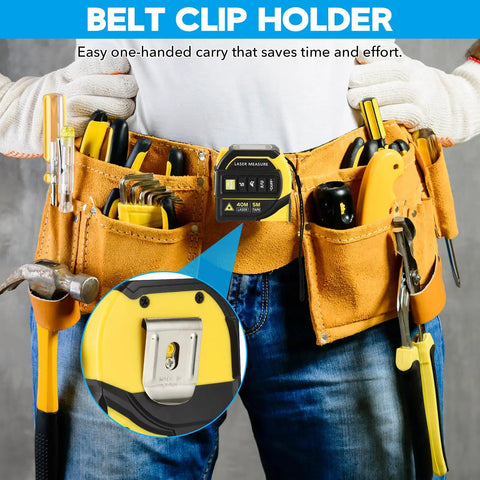 4 In 1 Laser Tape Measure All In One With 131Ft Laser Distance Meter 16Ft AutoLock Tape Cross Line Laser Level Pro Grade Dual Axis Electronic Angle LCD Display Built For DIY And Construction Projects clipped to a tool belt