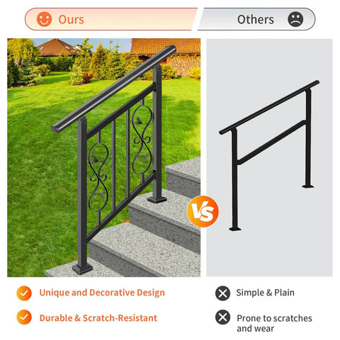 Adjustable Three Step Handrail For Outdoor Stairs With Heavy Duty Rust Resistant Zinc Steel Build And Stylish Floral Accents, decorative design shown.