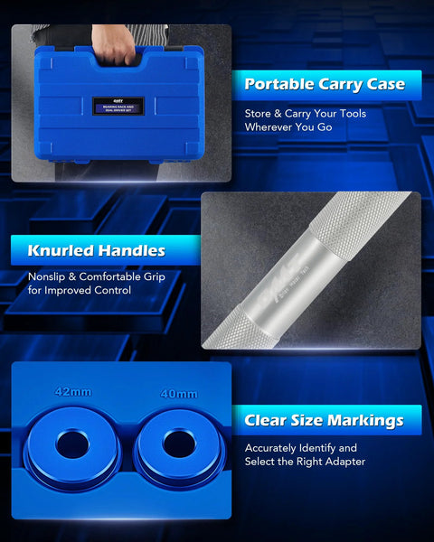 Blue portable carry case and knurled handles for Bearing Race And Seal Driver Kit 43-Piece Set With 23 Metric And 16 SAE Adapters.