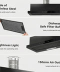 30 Inch Under Cabinet Range Hood With 750 CFM Power showing stainless steel design, LED lights, and aluminum filters.