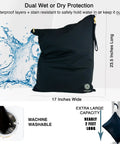 X Large Waterproof Antimicrobial Travel Wet Dry Laundry Bag, black, 17x23.5 inches, machine washable, protects clothes and gear.