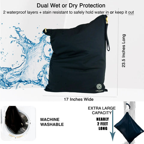 X Large Waterproof Antimicrobial Travel Wet Dry Laundry Bag, black, 17x23.5 inches, machine washable, protects clothes and gear.