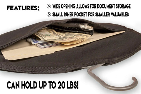 Under Clothes Lowkey Hidden Safe Hanger Diversion Pocket shown with open zipper revealing storage for cash and documents