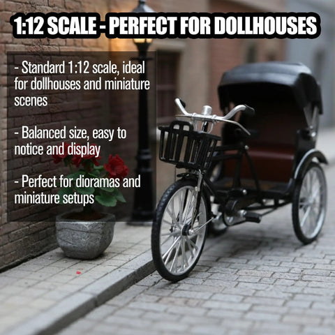 Vintage Metal Tricycle Model With Heavy Duty Aluminum Alloy Build And Old School Three Wheel Rickshaw Design, 1:12 scale for dollhouses.