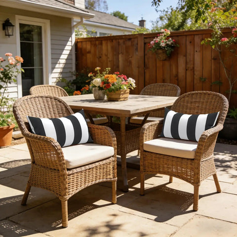 Outdoor Indoor Lumbar Pillows Pack Of 2 Cushions For Patio And Home Sofa Use Water Repellent Fluffy All Weather Cushions 12x20 Inch Cabana Black displayed on wicker chairs in outdoor setting.