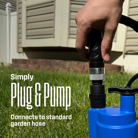 Person connecting a hose to a 1/4 HP Submersible Sump Pump, 25 GPM High Flow Water Removal, Portable Thermoplastic Utility Pump in a garden.