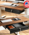 Heavy Duty Cold Rolled Steel Under Desk Drawer With Secure Lock And Slick Slide Out Tracks For Boss Level Paperwork And Tech Accessory Organization At Your Desk Station, showing contents and mounted under desk.