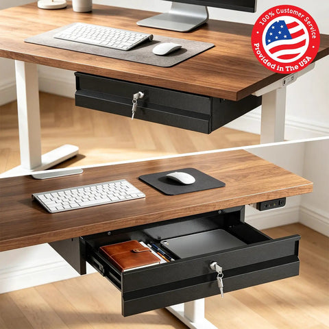 Heavy Duty Cold Rolled Steel Under Desk Drawer With Secure Lock And Slick Slide Out Tracks For Boss Level Paperwork And Tech Accessory Organization At Your Desk Station, showing contents and mounted under desk.