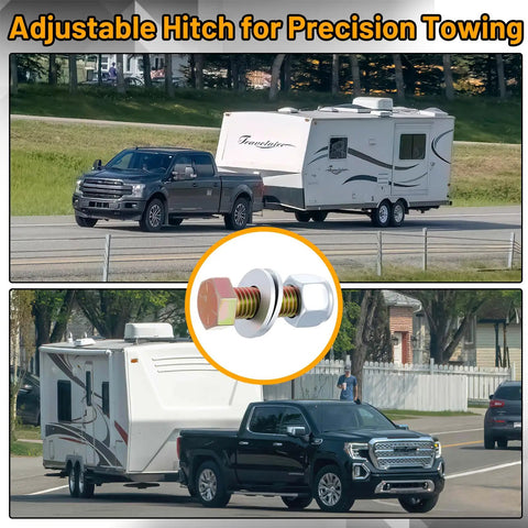 Truck towing trailer using Beefy Five Eighths Inch Grade 8 Bolt Kit With Lock Nuts And Washers For Fifth Wheel Pin Box Installation.
