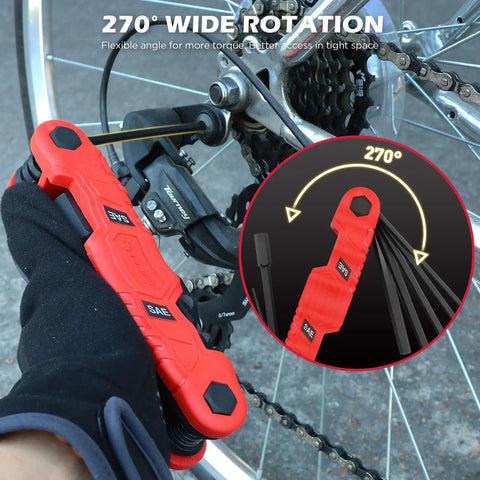 Your Go To 11 Piece Folding Hex Key Set SAE Three Thirty Seconds To One Half Inch Heavy Duty Allen Wrench Set Portable Red Perfect For Archery Bike Repair Furniture Assembly And Everyday Home Maintenance in use on bike gears