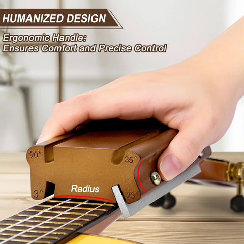 4-in-1 Bass & Guitar Fret File Tool installed on guitar fretboard; brown metal with 23°, 35°, 90° angle marks