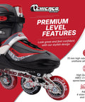 Kid-Friendly Inline Roller Skates For Indoor And Outdoor Fun, Built Tough For Safe, Smooth Rides On Sidewalks And Rinks, Breathable High-Top Boots, 70mm Urethane Wheels With ABEC-3 Bearings, Easy Fit For Girls And Boys in black and red design.
