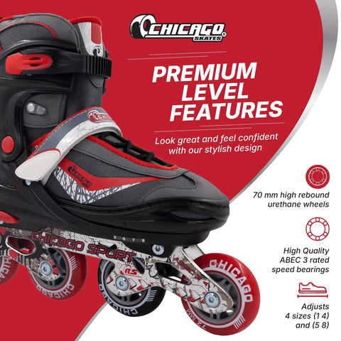 Kid-Friendly Inline Roller Skates For Indoor And Outdoor Fun, Built Tough For Safe, Smooth Rides On Sidewalks And Rinks, Breathable High-Top Boots, 70mm Urethane Wheels With ABEC-3 Bearings, Easy Fit For Girls And Boys in black and red design.