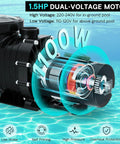 Heavy Duty 1.5 HP Pool Pump 115V 230V Dual Voltage 600GPH Self Priming Model for pools with a dual-voltage motor in a water setting.