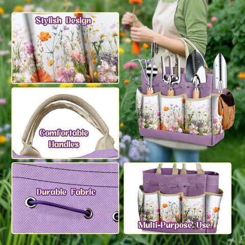 All In One 9 Piece Heavy Duty Garden Tool Set With Stainless Steel Hand Tools Purple Floral Tote Bag And Repotting Mat