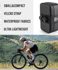 Grab-And-Go 8-In-1 Bike Repair Kit with CO2 inflator in compact waterproof saddle bag, cyclist rides nearby