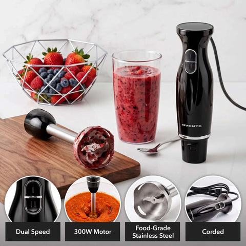 Straight Up Top Tier 300 Watt Corded Hand Blender With Two Quick Speed Modes For Silky Soups Dips And Creamy Protein Shakes Hella Easy in a kitchen setting with smoothie and berries.