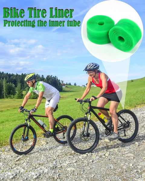 Mountain bikers riding with Bike Tire Liner Set for Mountain Bikes 2 Liners Puncture Protection to stop thorns in the tube.