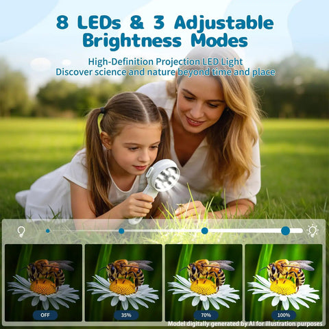 2 In 1 Kids Microscope Camera With 1000X Digital Magnification, Handheld STEM Toy For Nature Exploration, Cool Science Gift For Boys And Girls Ages 3 To 10, Easy To Use, Ready To Explore The Tiny World. Girl and woman using handheld microscope with 8 LED brightness modes outdoors.